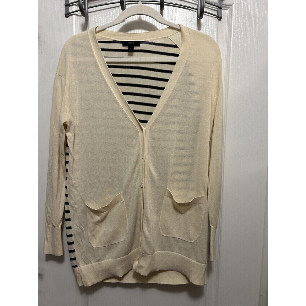 J.Crew Long Cardigan Sweater Stripe Size Small Lightweight Item G4860 Ivory Navy